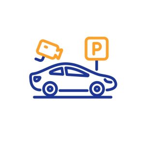 Parking with video monitoring line icon. Car park sign. Vector